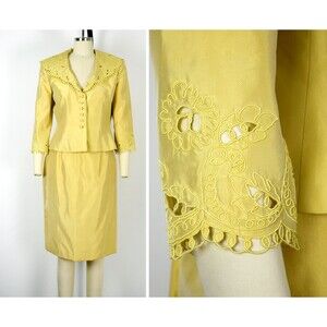 1980s Victor Costa Skirt Suit Size Medium Yellow Soutache Power Suit Medium Suit